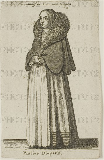 Dieppe Woman, 1649, Wenceslaus Hollar, Czech, 1607-1677, Bohemia, Etching on ivory wove paper, 94 × 58 mm (plate/sheet, trimmed to plate mark)