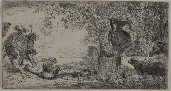 Pan Reclining before a Large Vase, 1645–47, Giovanni Benedetto Castiglione, Italian, 1609-1664, Italy, Etching on paper, 115 x 214 mm (sheet)