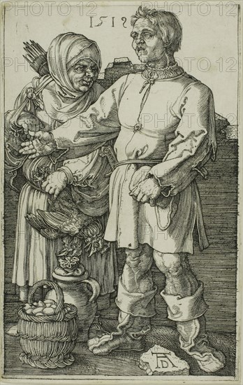 The Peasant and His Wife at Market, 1519, Albrecht Dürer, German, 1471-1528, Germany, Engraving in black on off-white laid paper, 115 x 73 mm (image), 118 x 75 mm (sheet)
