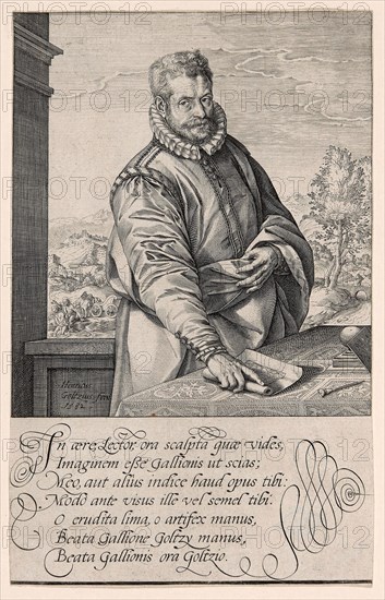 Philips Galle  (1537-1612), Pupil of Coornhert from Haarlem, Engraver and Publisher in Antwerp from 1570, The Baptism of the Eunuch in Background Left, 1582, Hendrick Goltzius (Dutch, 1558-1617), written by Janus Dousa (Dutch, 1545-1604), Netherlands, Engraving, with stippling, in black on off-white laid paper, 153 x 135 mm (image), 216 x 136 mm (plate/sheet)