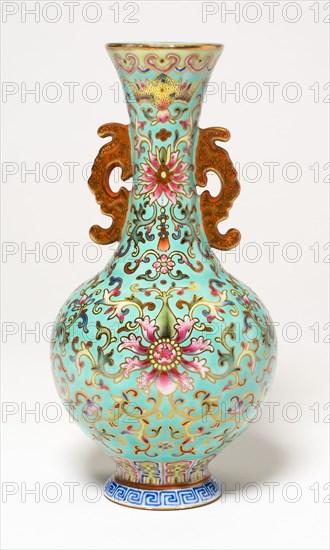 Vase with Dragon-Shaped Handles, Qing dynasty (1644–1911), Qianlong reign mark and period (1736–1795), probably late 18th century, China, Porcelain painted in overglaze enamels, H. 15.3 cm (6 in.), diam. 7.8 cm (3 1/16 in.)