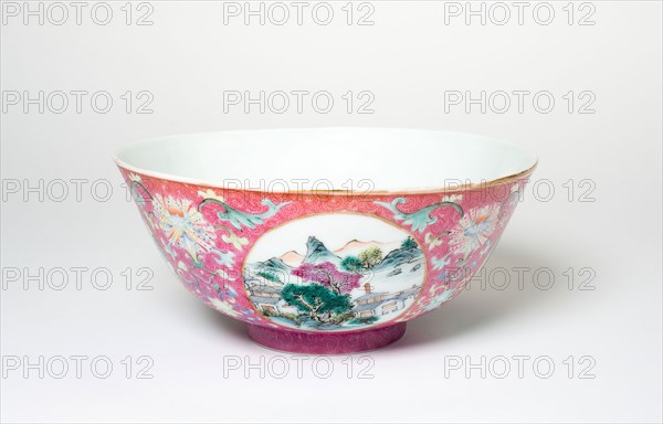 Bowl with Landscapes, Medallions, and Stylized Flowers, Qing dynasty (1644–1911), Qianlong reign mark and period (1736–1795), China, Porcelain with overglaze enamel decoration and painted gold rim, H. 6.7 cm (2 5/8 in.), diam. 15.2 cm (6 in.)