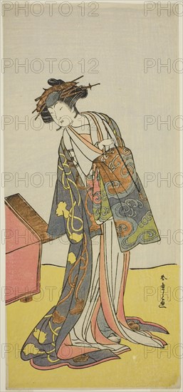 The Actor Iwai Hanshiro IV as the Courtesan Agemaki in the Play Sukeroku Yukari no Hatsu-zakura, Performed at the Ichimura Theater in the Third Month, 1776, c. 1776, Katsukawa Shunsho ?? ??, Japanese, 1726-1792, Japan, Color woodblock print, hosoban, center sheet of triptych, 32.8 x 15.1 cm (12 15/16 x 5 15/16 in.)