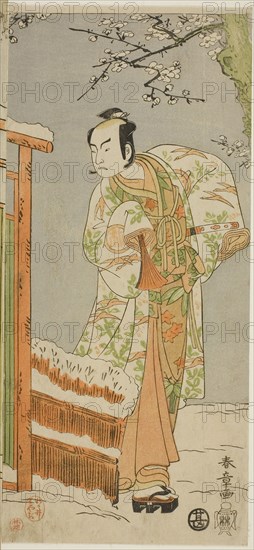 The Actor Arashi Sangoro II as Minamoto no Yoritomo in a dance interlude in scene two of the Joruri Courtesan’s Rouge on a Snow White Face (Oyama Beni Yuki no Sugao) from the play Cotton Wadding of Izu Protecting the Matrimonial Chrysanthemums (Myoto-giku Izu no Kisewata), performed at the Ichimura Theater from the first day of the eleventh month, 1770, c. 1770, Katsukawa Shunsho ?? ??, Japanese, 1726-1792, Japan, Color woodblock print, right sheet of hosoban triptych, 32.5 x 15 cm (12 13/16 x 5 7/8 in.)