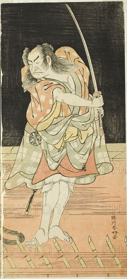 The Actor Nakamura Nakazo I as Danshichi Kurobei in Act Eight of the Play Natsu Matsuri Naniwa Kagami (Mirror of Osaka in the Summer Festival), Performed at the Morita Theater from the Seventeenth Day of the Seventh Month, 1779, c. 1779, Katsukawa Shunko I, Japanese, 1743-1812, Japan, Color woodblock print, right sheet of hosoban diptych (left: 1928.311), 31.6 x 14.2 cm (12 7/16 x 5 9/16 in.)