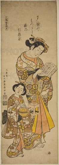 Courtesan of Osaka and Her Attendant, left sheet of a triptych of beauties of the three capitals (Sanpukutsui Osaka hidari), c. 1745, Ishikawa Toyonobu, Japanese, 1711-1785, Japan, Hand-colored woodblock print, wide hashira-e, beni-e, 66.3 x 23.1 cm (26 x 9 1/8 in.)