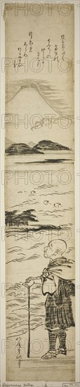 Priest Saigyo Contemplating Mount Fuji, c. 1770s, Kitao Shigemasa, Japanese, 1739-1820, Japan, Color woodblock print, hashira-e, 26 1/2 x 4 7/8 in.