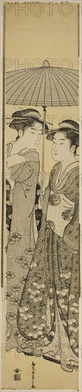Two Girls under an Umbrella, c. 1788/89, Chobunsai Eishi, Japanese, 1756-1829, Japan, Color woodblock print, hashira-e, 26 x 5 3/16 in.