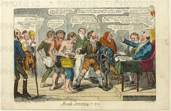 Irish Decency ! ! ! no. 2, published August 30, 1819, George Cruikshank (English, 1792-1878), published by Thomas Tegg (English 1776-1846), England, Hand-colored etching on wove paper, 219 × 331 mm (image), 255 × 393 mm (sheet, cut to plate mark)