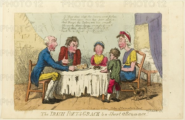 Irish Poets Grace to Short Allowance!, 1805–1810, Isaac Cruikshank (English, 1764-1811), published by Thomas Tegg (English, 1776-1846), England, Etching with hand-coloring on wove paper, 210 × 320 mm (image), 252 × 390 mm (sheet, cut within plate mark)