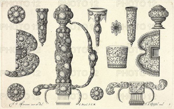 Designs for Jewelry, before 1697, Joannes Andreas Pfeffel I (German, 1674-1748), after Friedrich Jacob Morisson (German, active 1693-1697), Germany, Engraving on cream laid paper, 150 x 245 mm (image/plate), 258 x 365 mm (sheet)