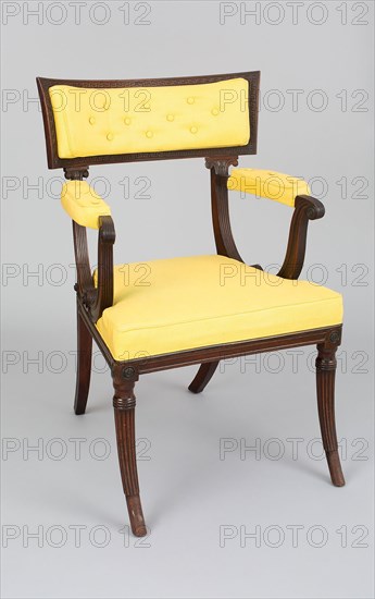 Armchair, c. 1810, England, Carved mahogany, modern upholstery, 86.7 × 55.3 × 47 cm (34 1/8 × 21 3/4 × 18 1/2 in.)