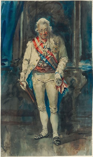 King Charles IV of Spain, n.d., Eugenio Lucas Velázquez (Eugenio Lucas y Padilla), Spanish, 1817-1870, Spain, Watercolor, with touches of pen and black ink, and traces of black crayon, on ivory watercolor paper, 454 x 271 mm