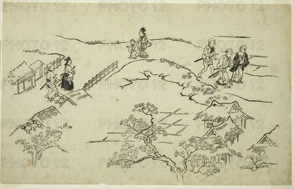 Emon Hill, from the series The Appearance of Yoshiwara (Yoshiwara no tei), c. 1681/84, Hishikawa Moronobu, Japanese, (?)-1694, Japan, Woodblock print, oban, sumizuri-e, 50.5 x 71.0 cm (10 1/16 x 16 1/16 in.)
