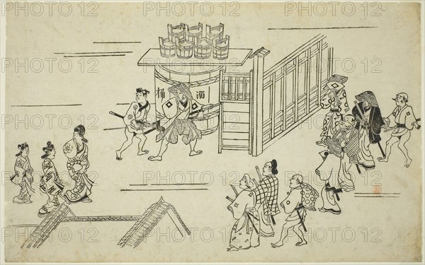 Entrance to Ageyacho, from the series The Appearance of Yoshiwara (Yoshiwara no tei), c. 1681/84, Hishikawa Moronobu, Japanese, (?)-1694, Japan, Woodblock print, sumizuri-e, oban, 25.6 x 40.8 cm (10 1/8 x 16 1/16 in.)