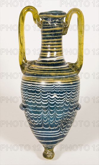 Amphoriskos (Container for Oil), 2nd/mid–1st century BC, Eastern Mediterranean, possibly the Syro-Palestinian region, Eastern Mediterranean Region, Glass, core-formed technique, 14.4 × 6 × 5.5 cm (5 5/8 × 2 3/8 × 2 1/8 in.)