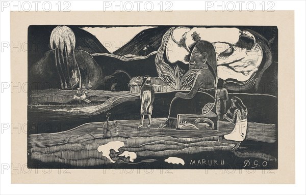 Maruru (Offerings of Gratitude), from the Noa Noa Suite, 1893/94, printed 1941/42, Paul Gauguin (French, 1848-1903), printed by Max Kahn (American, born Russia, 1902-2005), France, Wood-block print, printed in black ink on cream wove paper, 203 × 352 mm (image), 247 × 400 mm (sheet)