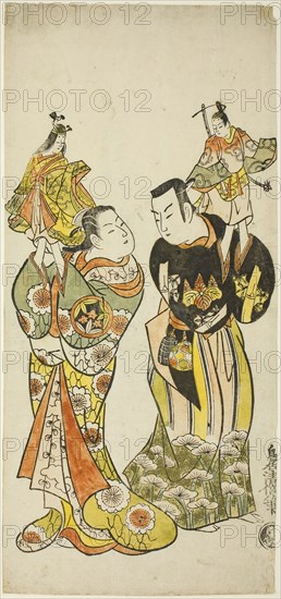 The Actors Yamashita Kinsaku I and Hayakawa Hatsuse as puppeteers in the play Diary Kept on a Journey by Sea to Izu (Funadama Izu Nikki), performed at the Nakamura Theater in the first month, 1725, 1725, Torii Kiyomasu II, Japanese, 1706 (?)–1763 (?), Japan, Hand-colored woodblock print, hosoban, urushi-e, 34.1 x 15.5 cm (13 7/16 x 6 3/16)