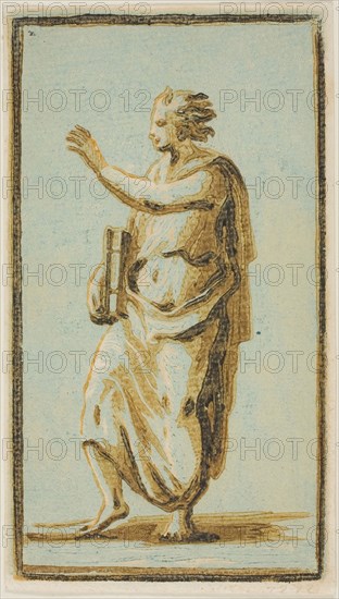 Young Man Standing, n.d., Jean Michel Papillon, French, 1698-1776, after Conte Anton Maria Zanetti, Italian, 1680–1767, France, Chiaroscuro woodcut in light blue, light brown, dark brown, and black on ivory laid paper, 169 × 95 mm (image/sheet, trimmed to block)