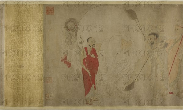 Washing the White Elephant, Ming dynasty (1369–1644), late 16th century, Artist unknown (after Zhang Sengyao or Qian Xuan), Chinese, China, Handscroll, ink and colors on paper, 14 3/8 × 17 in.