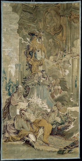 Psyche’s Entrance into Cupid’s Palace [left fragment], from The Story of Psyche, 1756/63, After a cartoon by François Boucher (1703–1770), 1737–39, Woven at the Manufacture Royale de Beauvais under the direction of André Charlemagne Charron (director 1754–80), France, Beauvais, Beauvais, Wool and silk, slit and double interlocking tapestry weave, 172.8 × 341.5 cm (68 × 134 3/8 in.)