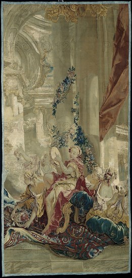 Psyche’s Entrance into Cupid’s Palace from the Story of Psyche, 1756/63, After a cartoon by François Boucher (1703–1770), 1737–39, Woven at the Manufacture Royale de Beauvais under the direction of André Charlemagne Charron (French, director 1754–80), France, Beauvais, Beauvais, Wool and silk, tapestry weave, 170.2 × 357 cm (67 × 140 3/4 in.)