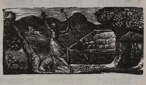 Shepherd Chases Away Wolf, from The Pastorals of Virgil, 1821, William Blake, English, 1757-1827, England, Wood engraving on off-white wove paper, 34 × 73 mm (image/block), 48 × 77 (sheet)