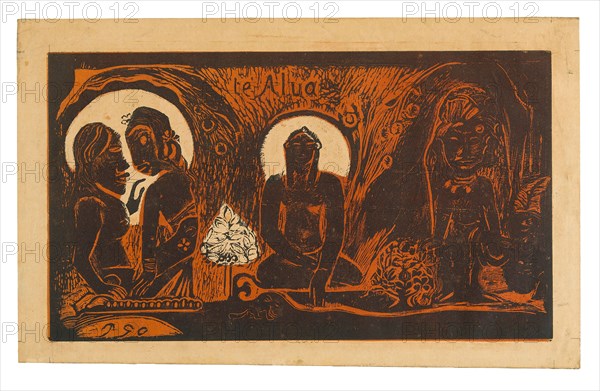 Te atua (The God), from the Noa Noa Suite, 1894, Paul Gauguin (French, 1848-1903), printed in collaboration with Louis Roy (French, 1862-1907), France, Wood-block print in black ink, over a stenciled dark-red-ink tone block, on cream wove paper (an imitation Japanese vellum), 206 × 357 mm (image), 247 × 397 mm (sheet)
