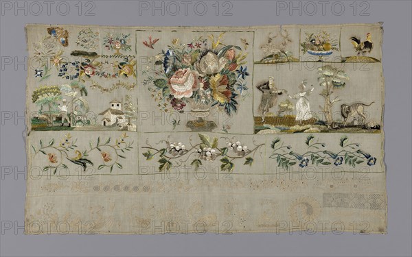 Sampler, 19th century, Possibly France, France, Linen, plain weave, cutwork embroidered with cotton in overcast stitch, pulled threadwork embroidered with cotton in hem, interlocking and outline stitches, embroidered with silk in outline, satin and stem stitches, French knots, bobbin lace, 42.8 × 73.5 cm (16 7/8 × 28 7/8 in.)