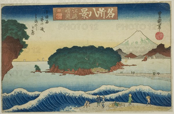 Clearing Weather at Enoshima, Morokoshigahara off the Shore of Koyurugi (Enoshima seiran, Koyurugi no iso Morokoshigahara), from the series Eight Views of Famous Places (Meisho hakkei), c. 1833/34, Utagawa Toyoshige (Toyokuni II), Japanese, 1777-1835, Japan, Color woodblock print, oban, 9 1/8 x 14 in.