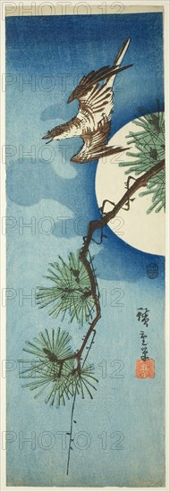 Cuckoo, pine branch, and full moon, c. 1843/47, Utagawa Hiroshige ?? ??, Japanese, 1797-1858, Japan, Color woodblock print, aitanzaku, 34.0 x 11.3 cm