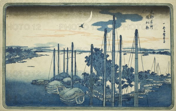 First Cuckoo of the Year at Tsukuda Island (Tsukudajima, hatsu hototogisu), from the series Famous Views of the Eastern Capital (Toto Meisho), c. 1831, Utagawa Hiroshige ?? ??, Japanese, 1797-1858, Japan, Color woodblock print, oban, 24.3 x 37.5 cm (9 9/16 x 14 3/4 in.)