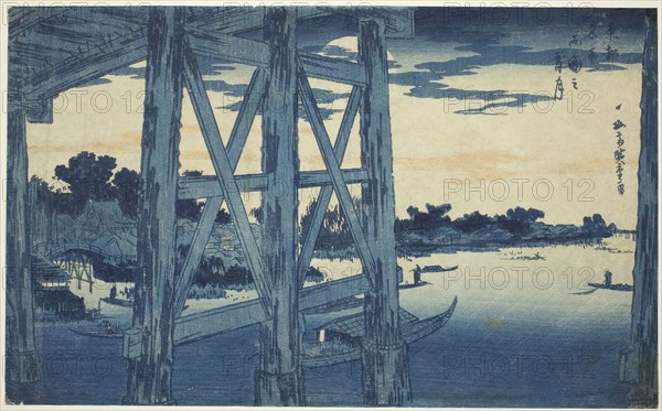 Twilight Moon at the Ryogoku Bridge (Ryogoku no yoizuki), from the series Famous Views of the Eastern Capital (Toto meisho), c. 1831, Utagawa Hiroshige ?? ??, Japanese, 1797-1858, Japan, Color woodblock print, oban, 21.2 x 34.5 cm (8 5/16 x 13 9/16 in.)