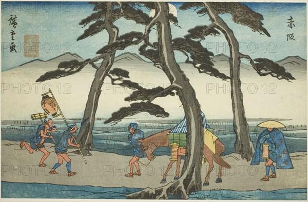 Akasaka, from the series Fifty-three Stations of the Tokaido (Tokaido gojusan tsugi no uchi), also known as the Gyosho Tokaido, c. 1841/44, Utagawa Hiroshige ?? ??, Japanese, 1797-1858, Japan, Color woodblock print, aiban, trimmed, 19 x 29.2 cm (7 7/16 x 11 7/16 in.)