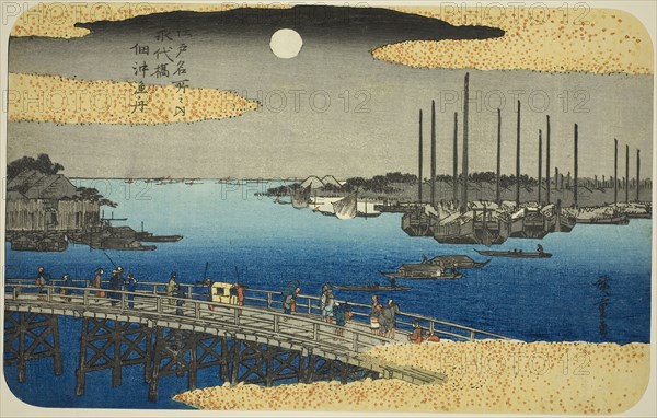 Fishing Boats near Eitai Bridge in Tsukuda Bay (Eitaibashi Tsukuda oki isaribune), from the series Famous Places in Edo (Edo meisho no uchi), c. 1832/34, Utagawa Hiroshige ?? ??, Japanese, 1797-1858, Japan, Color woodblock print, oban, 23.5 x 35.6 cm (9 1/4 x 14 in.)