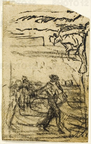 Sketches, Fragment: Peasant Seated at the Foot of a Tree, after 1863, Jean François Millet, French, 1814-1875, France, Woodcut fragment from a partially inked block and drawing in charcoal on tan wove China paper and fragment of woodcut in dark brown ink on verso, 72 × 47 mm (image, recto), 47 × 47 mm (image, verso), 75 × 47 mm (sheet)
