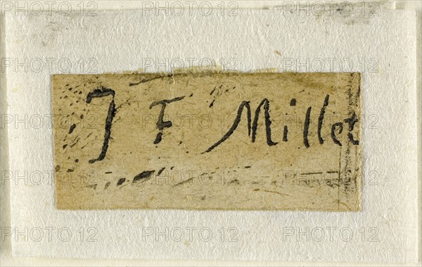 Signature Fragment from the Shepherdess, n.d., Jean François Millet (French, 1814-1875), printed by Jean-Baptiste Millet (French, 1831-1906), France, Woodcut in black on tan wove China paper laid down on white Japanese hinge paper, 12 × 33 mm (image), 15 × 33 mm (primary support), 28 × 44 mm (secondary support)