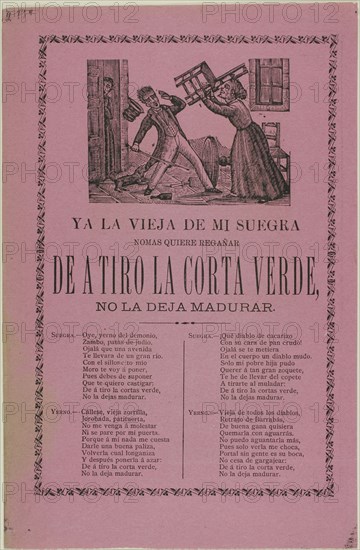 My Old Mother-in-Law is Always Ready to Scold without Any Reason, n.d., Manuel Manilla, Mexican, 1830-c. 1900, México, Relief engraving or photo relief etching on violet wove paper, 293 x 192 mm