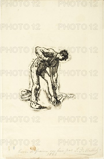 Peasant Digging, 1863, Jean François Millet, French, 1814-1875, France, Woodcut from a partially inked block on ivory laid paper, 103 × 87 mm (image), 142 × 105 mm (block), 238 × 153 mm (sheet)
