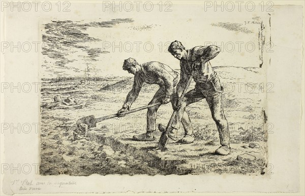 Two Men Digging, 1855–56, Jean François Millet (French, 1814-1875), printed by Auguste Delâtre (French, 1822-1907), France, Etching on ivory laid paper, 230 × 330 mm (image/plate), 276 × 427 mm (sheet)