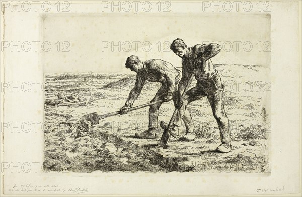 Two Men Digging, 1855–56, Jean François Millet (French, 1814-1875), printed by Auguste Delâtre (French, 1822-1907), France, Etching on ivory laid paper, 237 × 337 mm (image), 239 × 338 mm (plate), 280 × 431 mm (sheet)