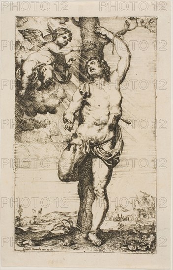 Saint Sebastian Crowned by an Angel, n.d., Willem Panneels, Flemish, 1600-after 1632, Flanders, Etching printed in black, on paper, 178 × 112 mm
