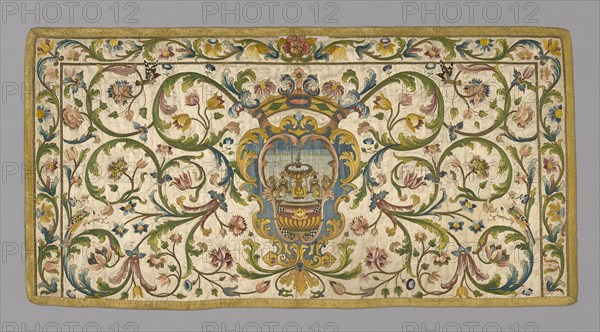 Altar Frontal, 18th century, Italy or France, Italy, Silk, satin weave, underlaid with hemp, plain weave, embroidered with silk, gilt-metal-strip-wrapped silk, and and hemp wrapped with gilt-metal strip and silk in satin stitches, laid work and couching, edged with woven tape, 103.7 x 202 cm (40 3/4 x 79 1/2 in.)