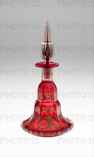 Scent Bottle, Mid to late 19th century, Bohemia, Czech Republic, Bohemia, Glass, blown, cut, stained red, engraved and gilded, H. 23.5 cm (9 1/4 in.)