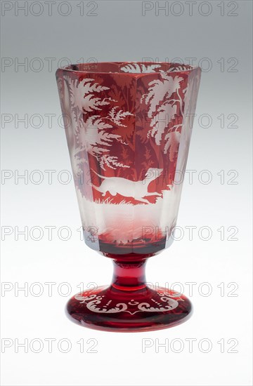 Wine Glass, Mid to late 19th century, Bohemia, Czech Republic, Bohemia, Glass, blown, cut, stained red and engraved, 14.0 × 8.3 cm (5 1/2 × 3 1/4 in.)