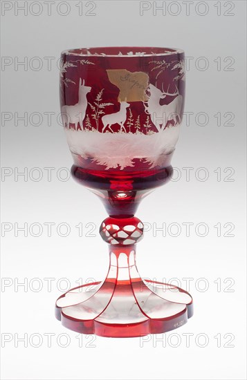 Large Wine Glass, c. 1850/70, Bohemia, Czech Republic, Bohemia, Glass, blown, cut, stained red and engraved, H. 22.9 cm (9 in.)