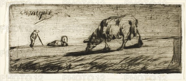 A Sheep Grazing, 1849, Jean François Millet (French, 1814-1875), printed by Auguste Delâtre (French, 1822-1907), signed by Charles Émile Jacque (French, 1813-1894), France, Etching, drypoint and roulette on ivory laid paper, 48 × 119 mm (image/plate), 194 × 270 mm (sheet)