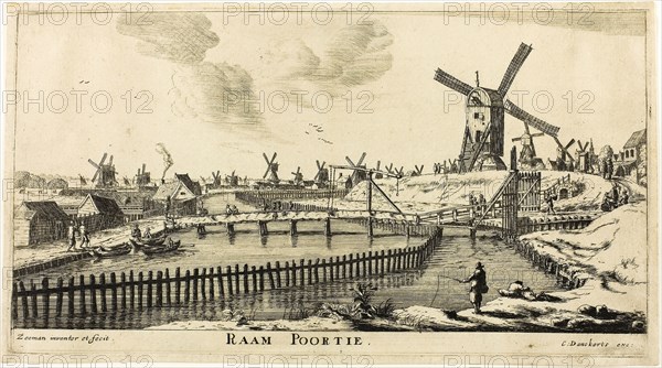 Raam Gate, from The Eight City Gates of Amsterdam, c. 1654/64, Reinier Nooms, called Zeeman, Dutch, c.1623-1664, Holland, Etching on ivory laid paper, 165 x 302 mm (plate), 172 x 312 mm (sheet)