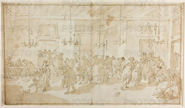 Il Ridotto, 1752/55, Giovanni Antonio Guardi, Italian, 1699-1760, Italy, Pen and brown ink, brush and brown wash, over black chalk, on ivory laid paper, 296 x 521 mm