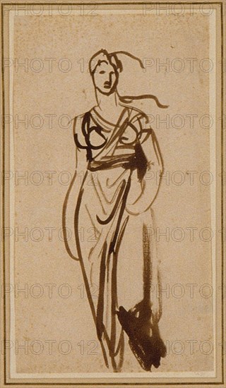 Figure of a Woman, c. 1776, George Romney, English, 1734-1802, England, Brush and brown ink on cream laid paper, 432 × 238 mm